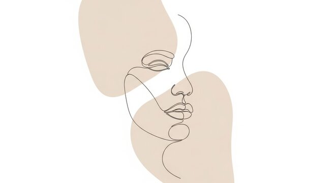 Minimalist continuous line drawing of a female face with abstract beige shapes