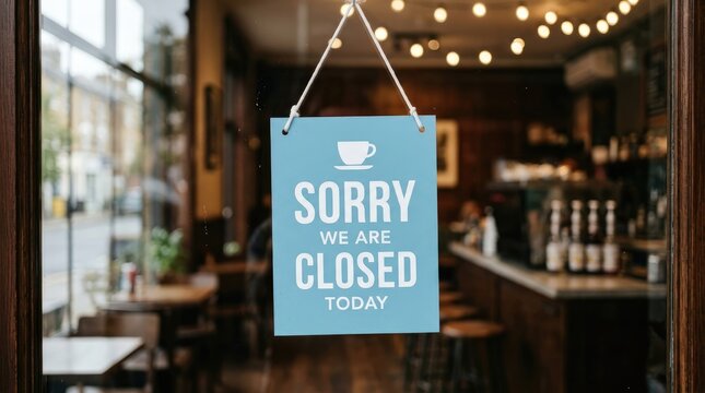 Blue closed sign hanging on the glass door of a quiet empty coffee shop interior