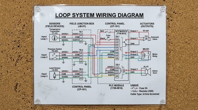Loop system wiring diagram printed on laminated paper pinned to a maintenance board flat document shot