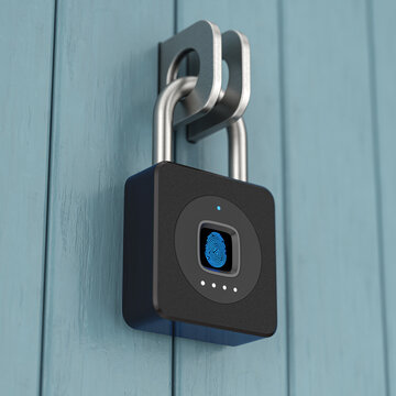 Biometric Security, Keyless Access, Identity Authentication, Property Protection And Smart Home Privacy Concept. Fingerprint Padlock Securing Blue Wooden Doors. 3d Rendering