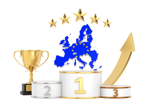 European Leadership, Economic Success, Global Competitiveness, Regional Growth And Market Excellence Concept. Europe Map Above Winners Podium, Trophy, Stars And Rising Arrow. 3d Rendering