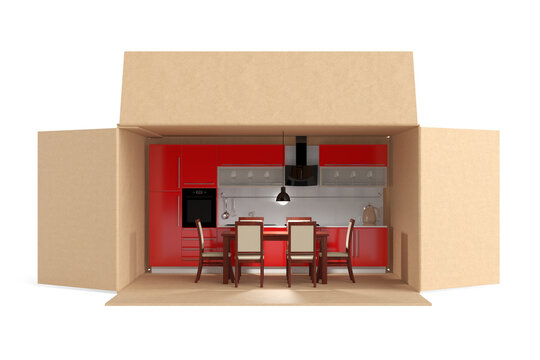 Home Moving, Kitchen Relocation, Furniture Delivery, Interior Installation And New Property Setup Concept. Open Cardboard Box Revealing A Furnished Red Kitchen. 3d Rendering