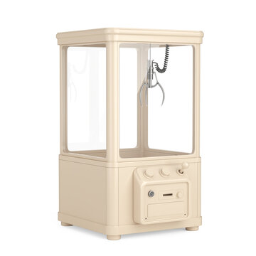 Arcade Gaming, Chance, Luck, Challenge, Prize Entertainment And Reward Concept. Beige Claw Machine With Joystick, Buttons And Metal Grabber On White Background. 3d Rendering