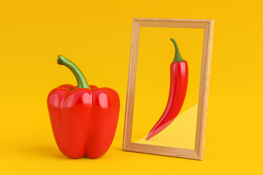Self-Perception, Identity, Ambition, Transformation And Personal Growth Concept. Red Bell Pepper Looking Into A Wooden Mirror Frame And Seeing A Chili Pepper. 3d Rendering