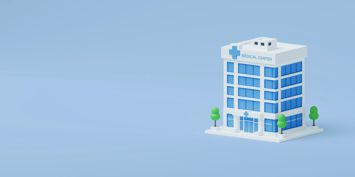 Healthcare Access, Hospital Services, Patient Care, Medical Infrastructure And Urban Wellness Concept. Isometric Medical Center Building On Blue Background With Copy Space. 3d Rendering