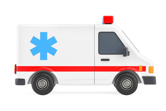 Emergency Healthcare, Rapid Response, Patient Transport And Lifesaving Service Concept. Cute Cartoon Ambulance With Medical Symbol And Siren On White Background. 3d Rendering