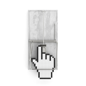Cybersecurity Threat, Clickbait Trap, Phishing Risk, Online Fraud And Malicious Link Concept. Metal Mousetrap With Pixel Cursor Hand. 3d Rendering