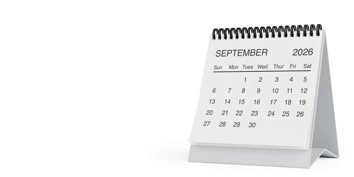 White Desk Monthly September 2026 Business Calendar. 3d Rendering