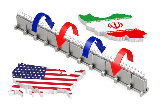 Geopolitical Conflict, Military Escalation, Retaliation, National Security And Diplomatic Crisis Concept. USA And Iran Flag Maps Divided By Barbed Barrier With Exchange Arrows. 3d Rendering