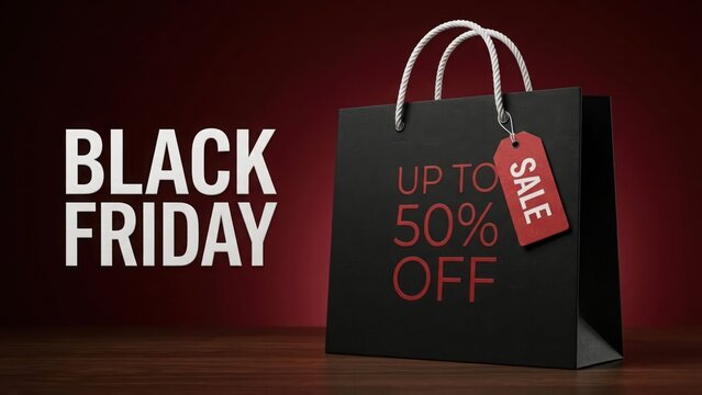 Black shopping bag with red sale tag offering up to 50 percent off on wooden surface, black friday discount concept