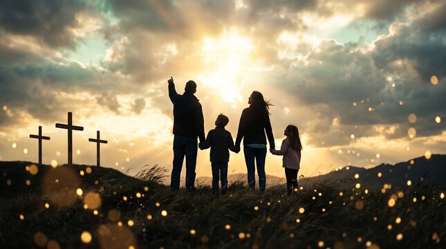 Christian family standing together looking at three crosses on hill at sunset