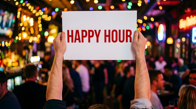 Arms holding up sign with happy hour text in crowded bar with raised hands holding white placard red text busy pub entertainment announcement