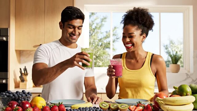 Happy couple drinking healthy smoothies together in a bright kitchen