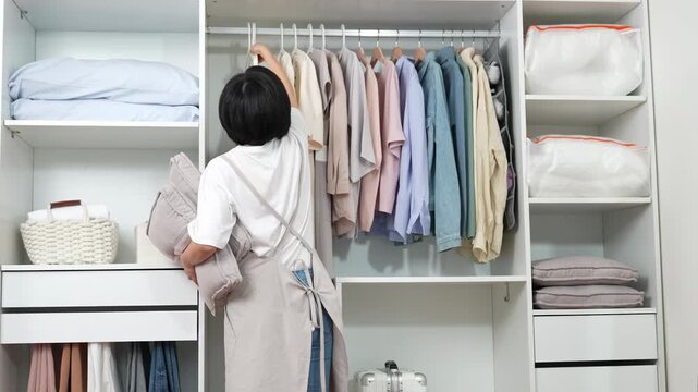 Housewife young woman in apron carefully organizing, putting clothes outfit into wardrobe, meticulously folding arranging garments on shelves for for cleanliness and efficient storage for easy access