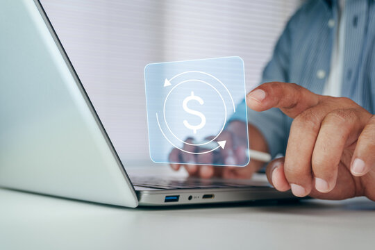 Business professional monitoring digital cash flow with virtual circular money transfer interface on laptop for cash management, financial planning, revenue optimization, liquidity analysis finance