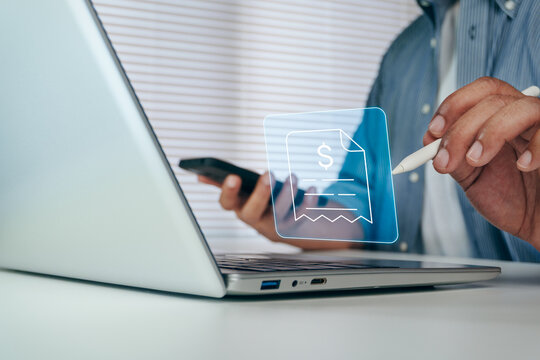 Business professional reviewing digital expense tracking with virtual receipt interface on laptop, business accounting, spending analysis, reimbursement, bookkeeping, financial records, cost control