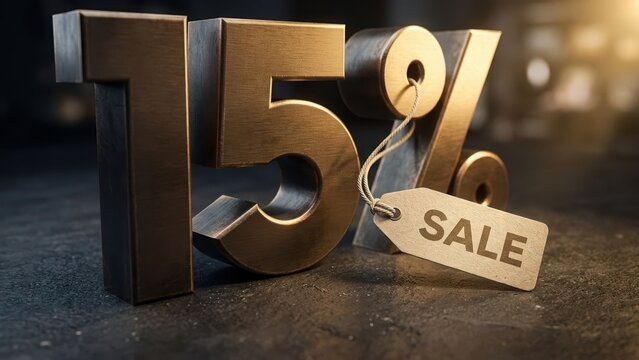Gold and silver metallic 15 percent discount symbol with beige sale tag on dark stone surface