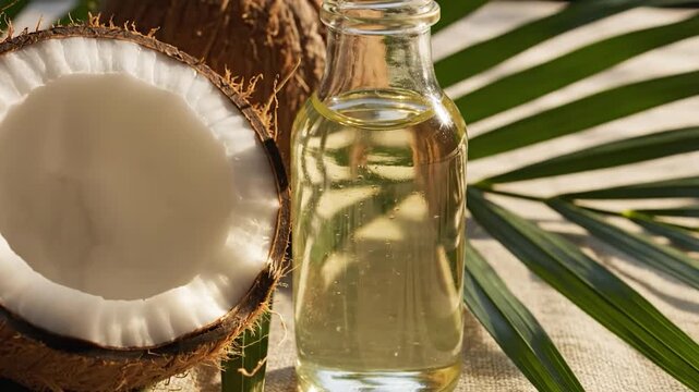 Fresh coconut oil in a glass bottle on a palm leaf