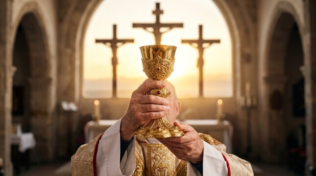 Priest holding golden chalice during holy communion mass in church with crosses in background