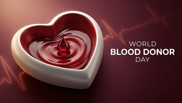 Heart-shaped ceramic bowl with swirling red liquid and falling drop on dark gradient background, with pulse line