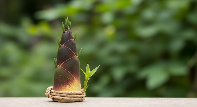 Fresh young bamboo shoot with protective sheaths and new leaves placed on smooth surface. Nature growth concept
