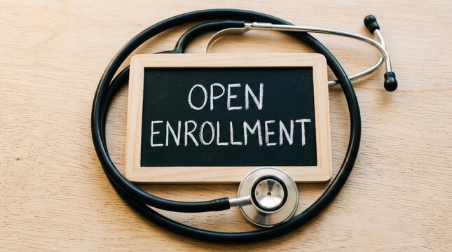 Open enrollment written on a small wooden framed chalkboard surrounded by a professional medical stethoscope