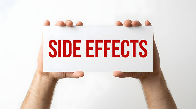 Male hands holding a white paper card displaying bold red side effects text against a clean background with captures pair male prescription with consequence