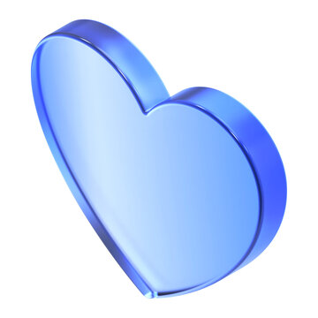 Glassmorphism heart icon in isometric view featuring transparent blue glossy finish. Translucent romance fluid design element suited