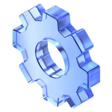 Glassmorphism gear icon in isometric view featuring transparent blue glossy finish. Translucent industrial cog design element suited