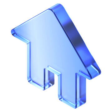Glassmorphism house icon in isometric view featuring transparent blue glossy finish. Translucent real estate property design element suited
