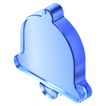 Glassmorphism notification bell icon in isometric view featuring transparent blue glossy finish. Translucent system alarm alert design element suited
