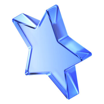 Glassmorphism star icon in isometric view featuring transparent blue glossy finish. Translucent premium rating design element suited
