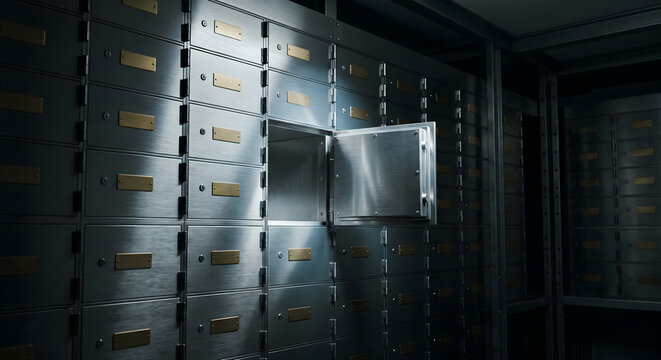 Opened safe deposit box in bank vault with rows of metal lockers.