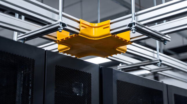 Yellow plastic junction box for overhead electrical cable management system in server room.