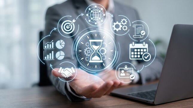 Project management efficiency concept, time tracking and scheduling, business strategy planning, workflow optimization icons, productivity tools, corporate administration tasks,...