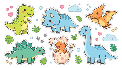 Cute cartoon dinosaur stickers and prehistoric creature characters. © Ambon