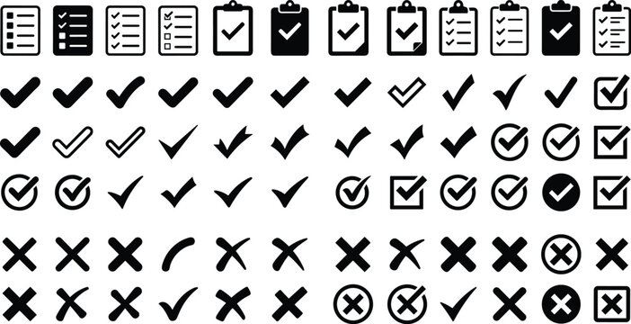 Checklist and checkmark icon collection, clipboard artwork design, approval motif concept, rejection theme illustration