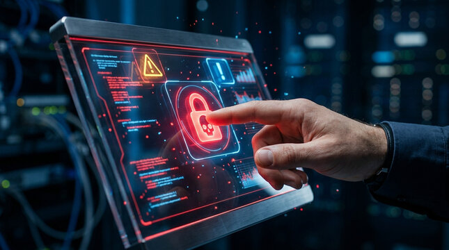 Cybersecurity concept showing a hand interacting with a transparent touchscreen displaying a red skull padlock icon, warning symbols, and computer code in a data center room.