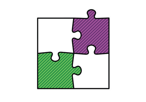 Four jigsaw puzzle pieces assembled together with green and purple patterns