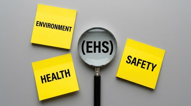 Bright yellow sticky notes with environment health safety text and a magnifying glass on grey