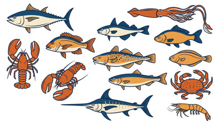 Fototapeta premium Collection of various seafood and fish, including lobster, crab, shrimp, tuna, swordfish, and squid, depicted in a colorful illustration