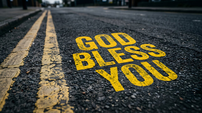 Yellow god bless you text painted on asphalt road surface with double lines with captures yellow lettering selective focus shallow depth natural light