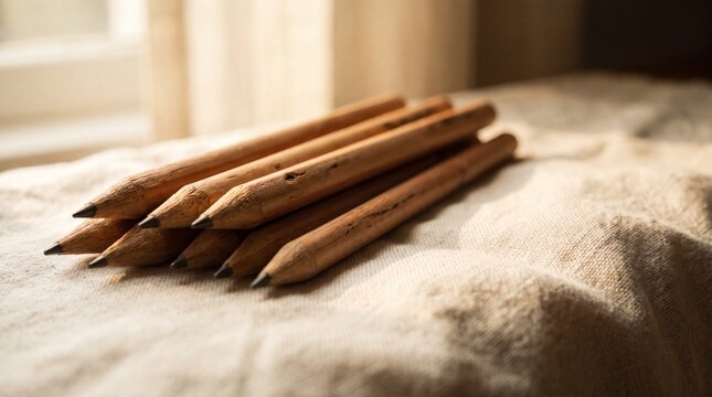 Wooden Pencils Laid Out: A group of unsharpened wooden pencils lies on a textured surface, their natural wood grain visible, hinting at creativity and potential.