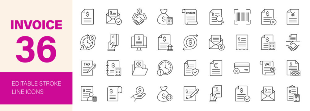 Invoice icon set. Editable line icons. Vector illustration.