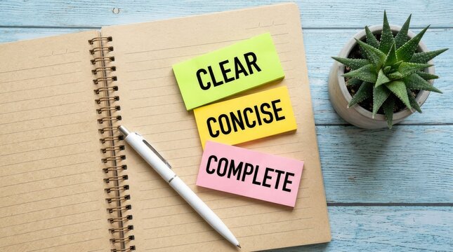 Three colorful sticky notes with clear concise complete text placed on a brown spiral notebook page