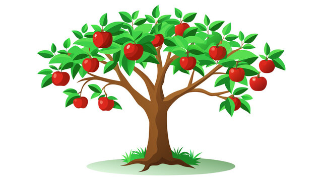 Cartoon apple tree with red apples and green leaves