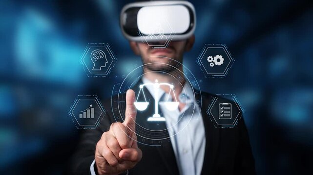 A man in a VR headset engages with digital icons representing law and technology, reflecting innovation and interaction in a modern business setting. Raster