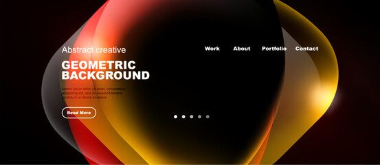Fototapeta premium Dark background features vibrant overlapping shapes. Text details website navigation, abstract design elements present.