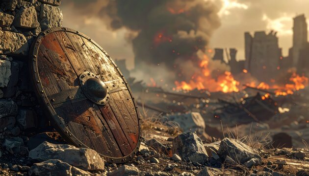 Ancient Viking shield leaning against stone wall with burning city ruins in the background, symbolizing conflict and destruction