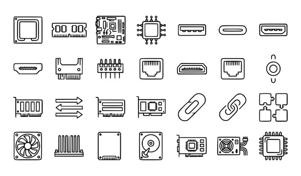 Computer internal system thin line icon set editable stroke motherboard architecture vector